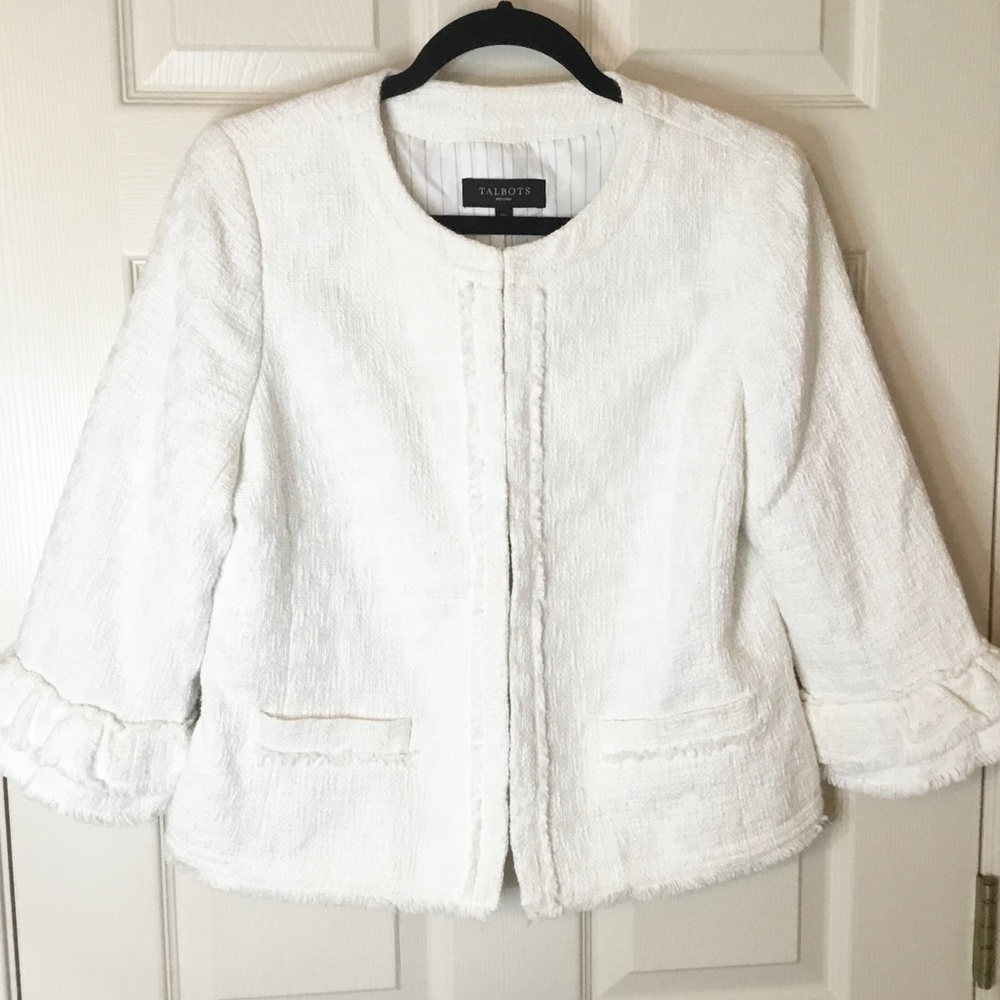 Talbots Cream 3/4 Sleeve Ruffle Petite Blazer Jacket - 10P